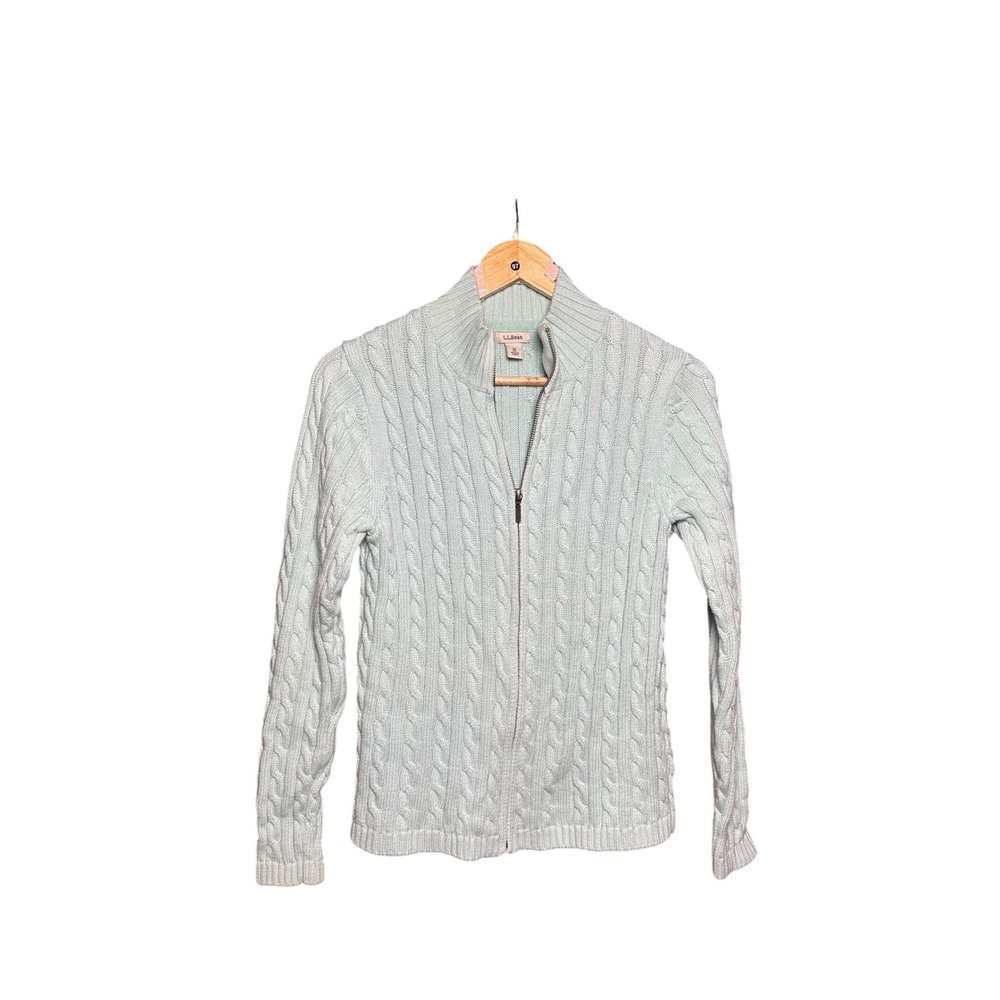 LLBean Cable Knit Zip Up Sweater Mint Green Women's Size Medium